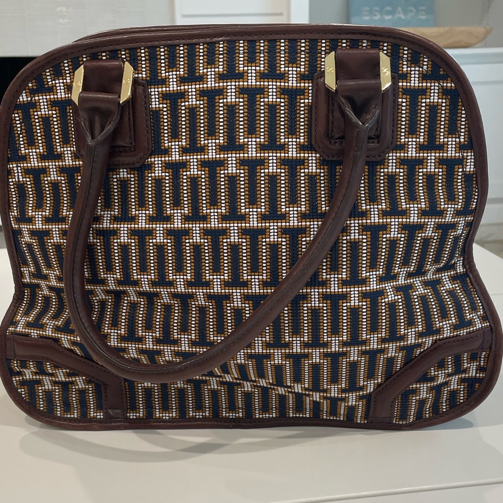 Tory Burch Brown Navy and Gold with Leather Trim Shoulder Bag